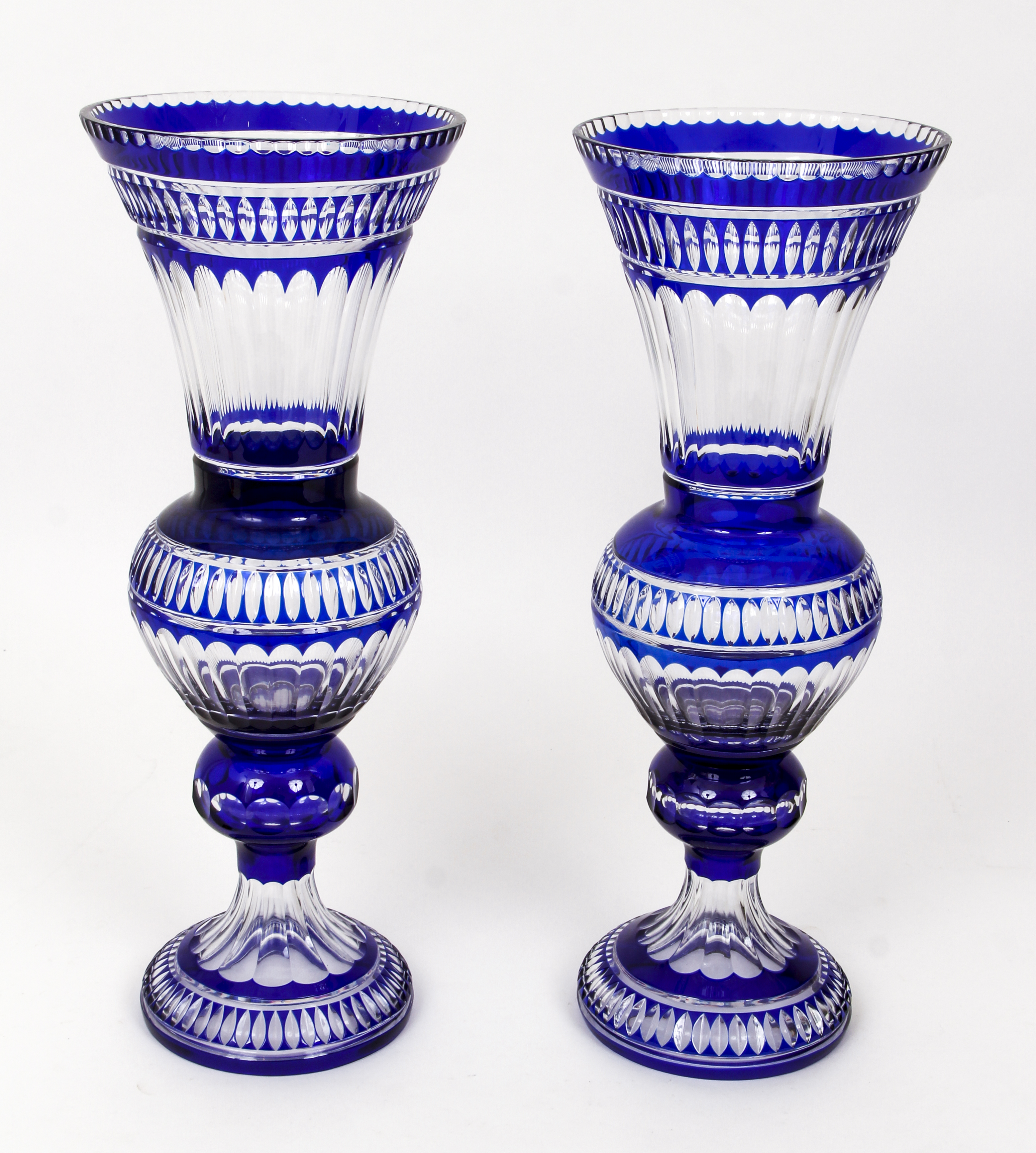 Pair Large Bohemian Cobalt Cut-to-Clear Glass Vases