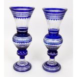 Pair Large Bohemian Cobalt Cut-to-Clear Glass Vases