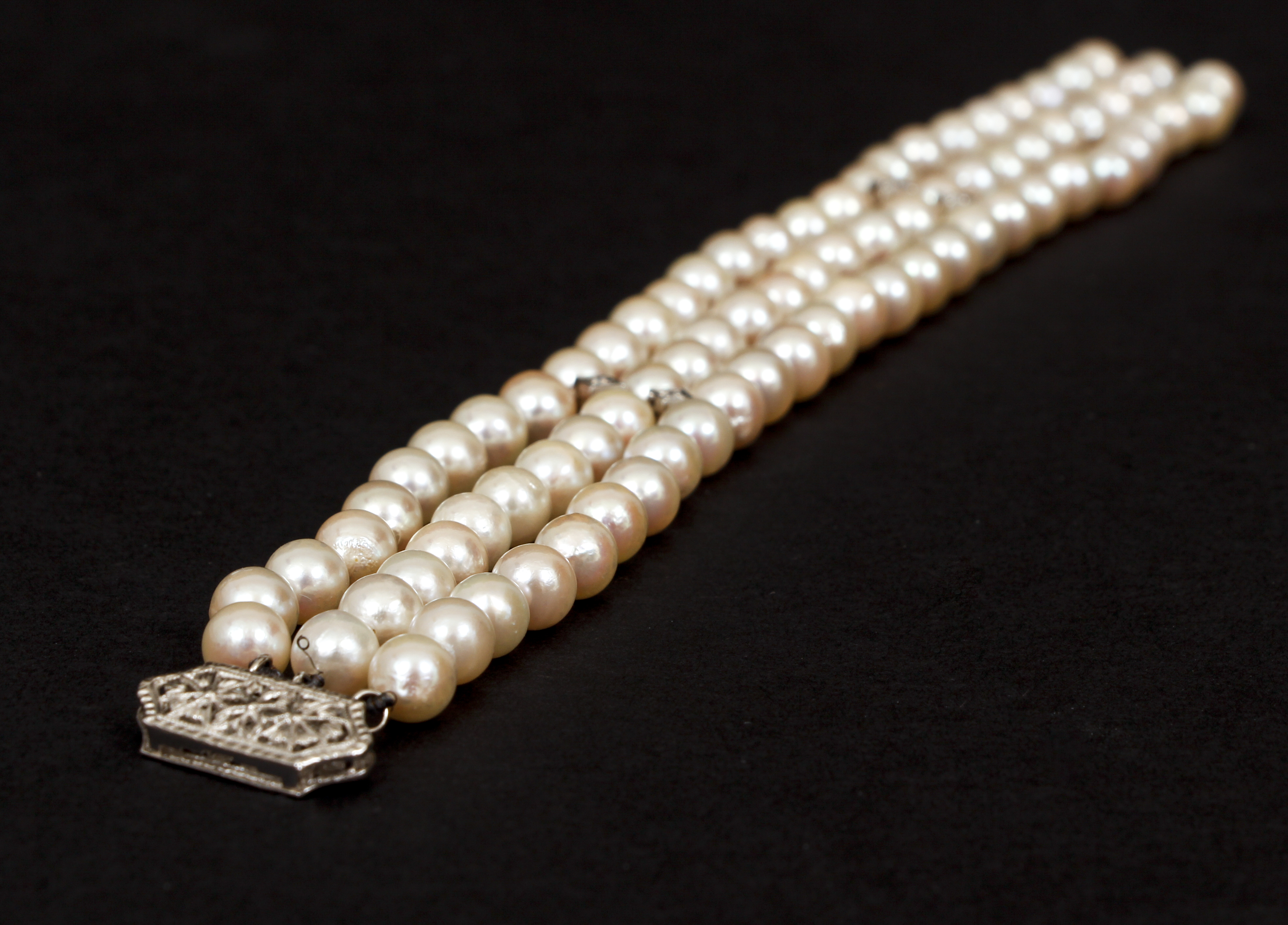 Cultured Pearl and Diamond Triple Strand Bracelet - Image 4 of 4