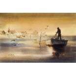 Jess Hager 1981 watercolor Fisherman Pulling in the Nets
