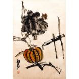 20th C. Chinese Scroll ptg. Squash and Grasshopper