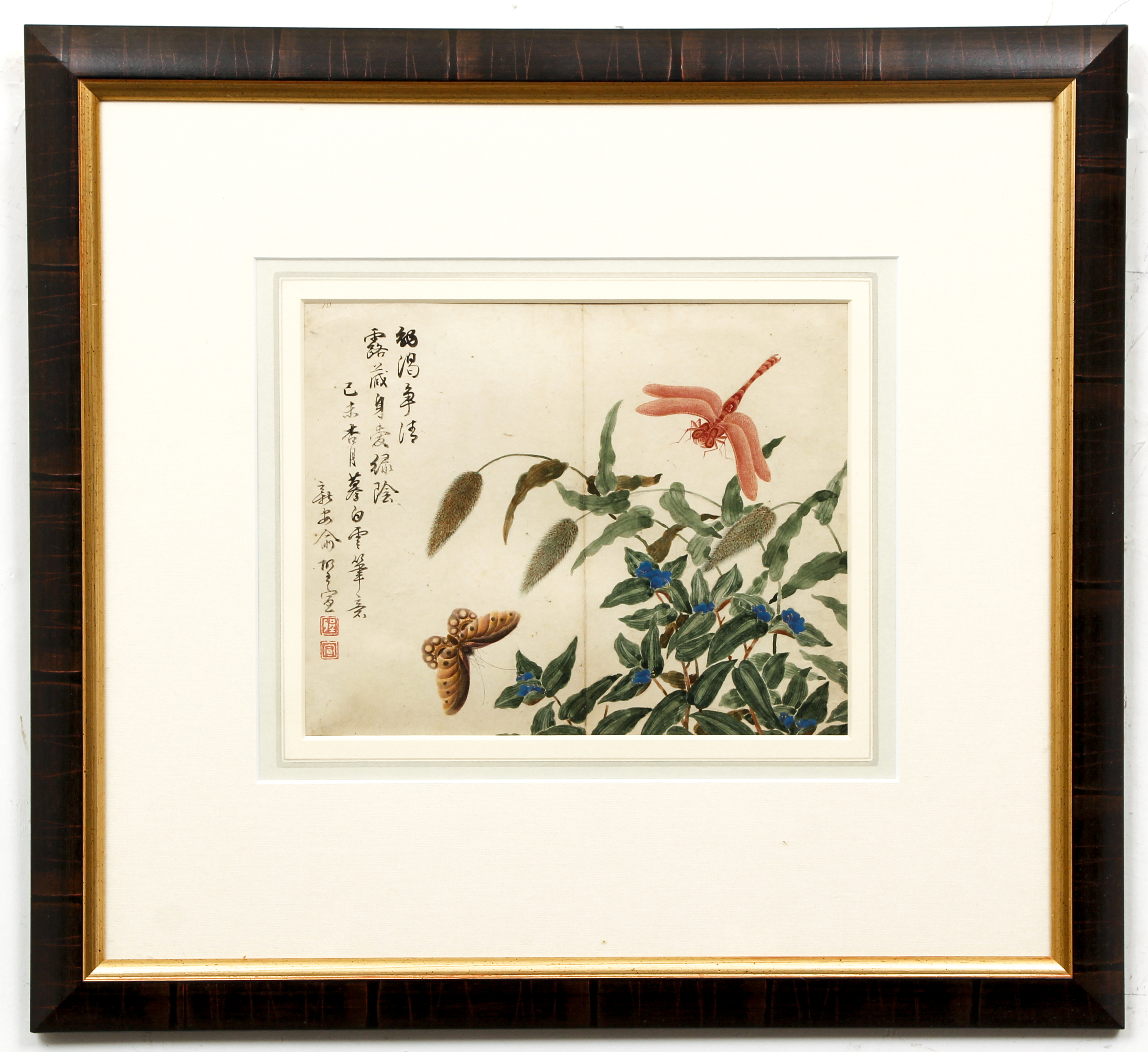 Chinese Watercolor c.1820 Butterfly Dragonfly - Image 2 of 4