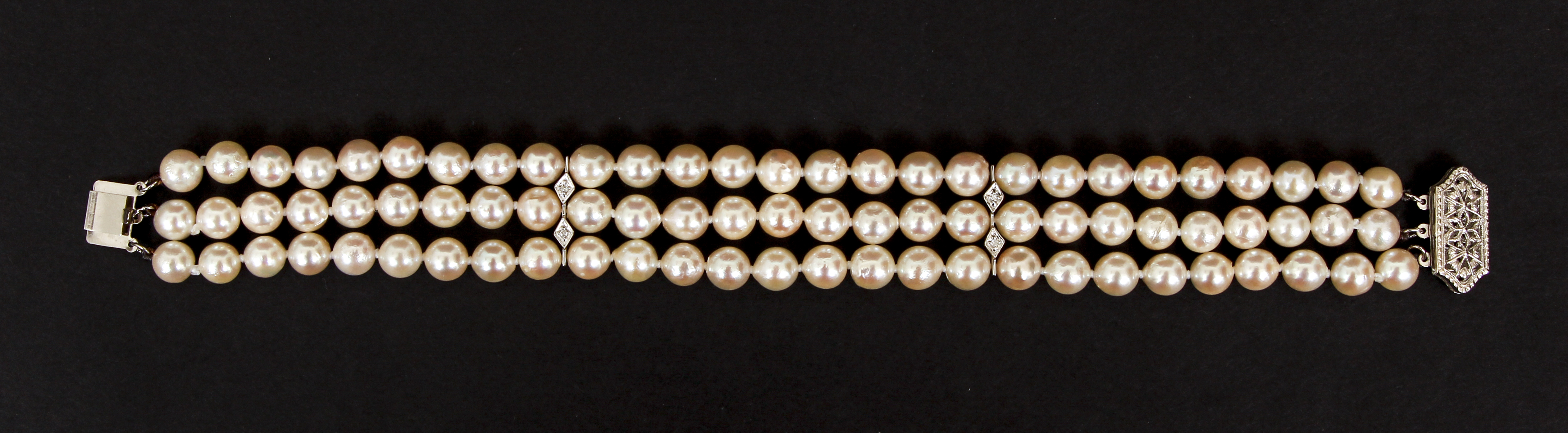 Cultured Pearl and Diamond Triple Strand Bracelet