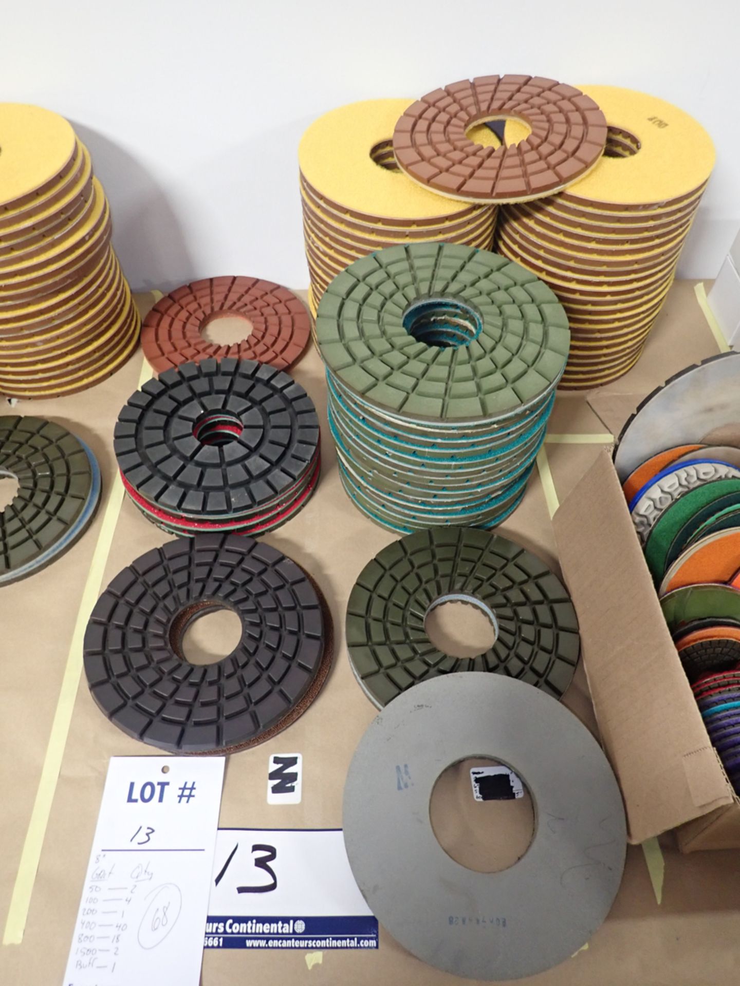 LOT OF (68) ASSORTED 8" GRINDING/POLISHING PADS *SEE PICTURES FOR COMPLETE QUANTITY PER GRIT*