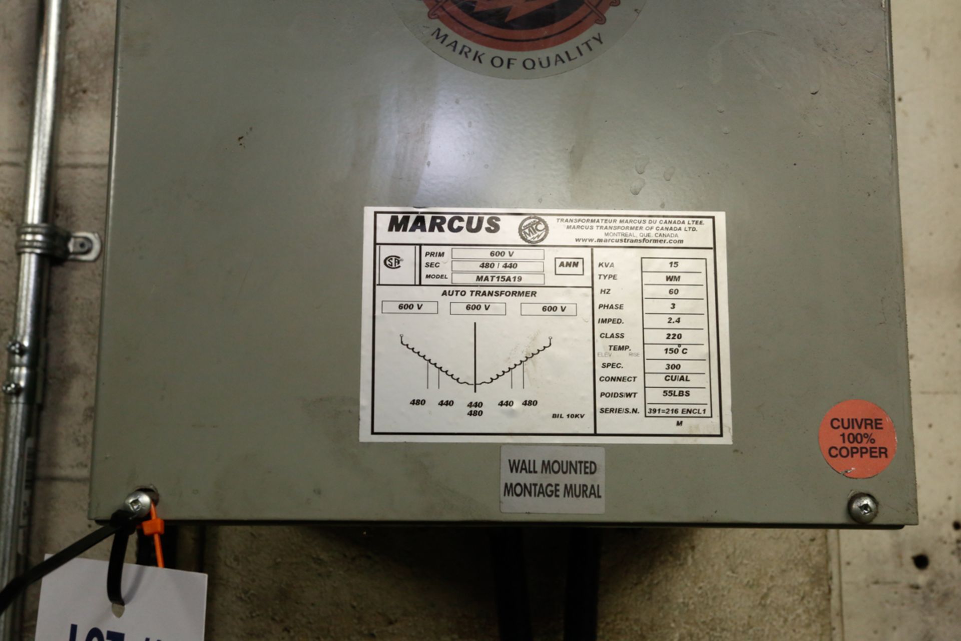 MARCUS 15 K,V,A, TRANSFORMER, 600 VOLTS- 480/440 - Image 2 of 2