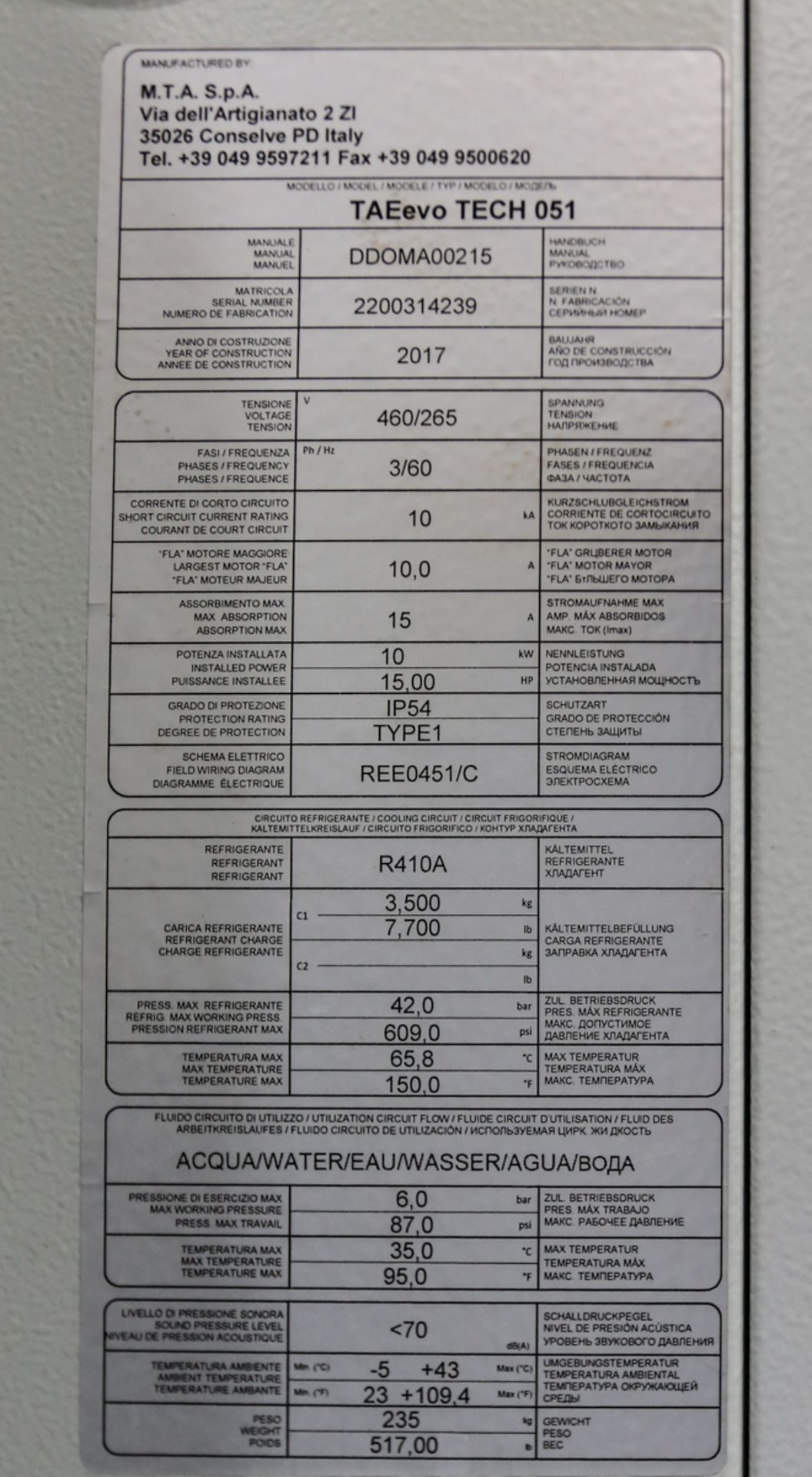 (2017) MTA SPA Model TAEevo TECH 051, Package Process Water Chiller, 4.5 Ton Chilling Capacity, 30.4 - Image 4 of 4