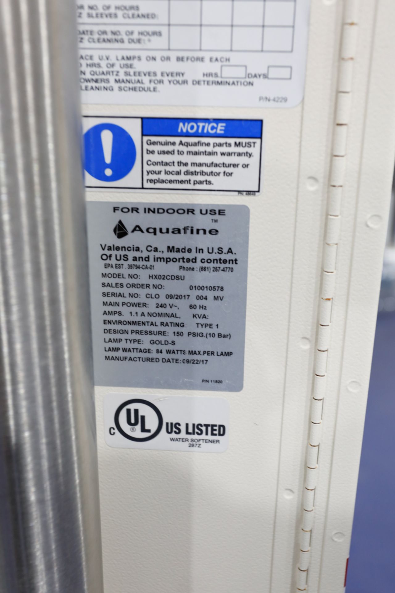 (2017) AQUAFINE Model HX02DCSU, Type 1 In-Line UV Disinfection System, S/N: CLO04/2017 with (2) PALL - Image 7 of 7