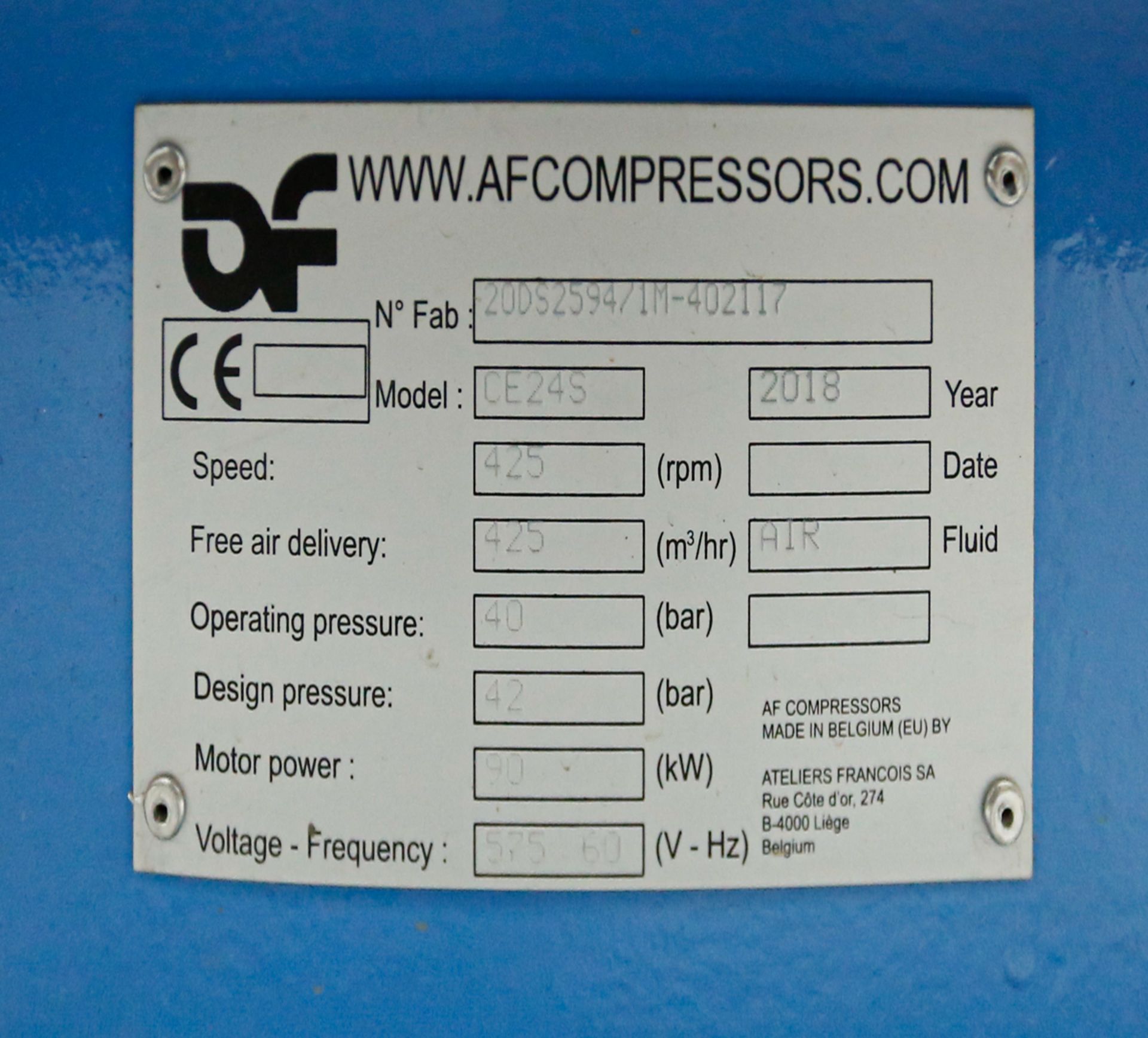 (2018) AF COMPRESSOR Model CE24S, High Pressure Recipricating Air Compressor, 580 Maximum PSI, S/ - Image 7 of 10