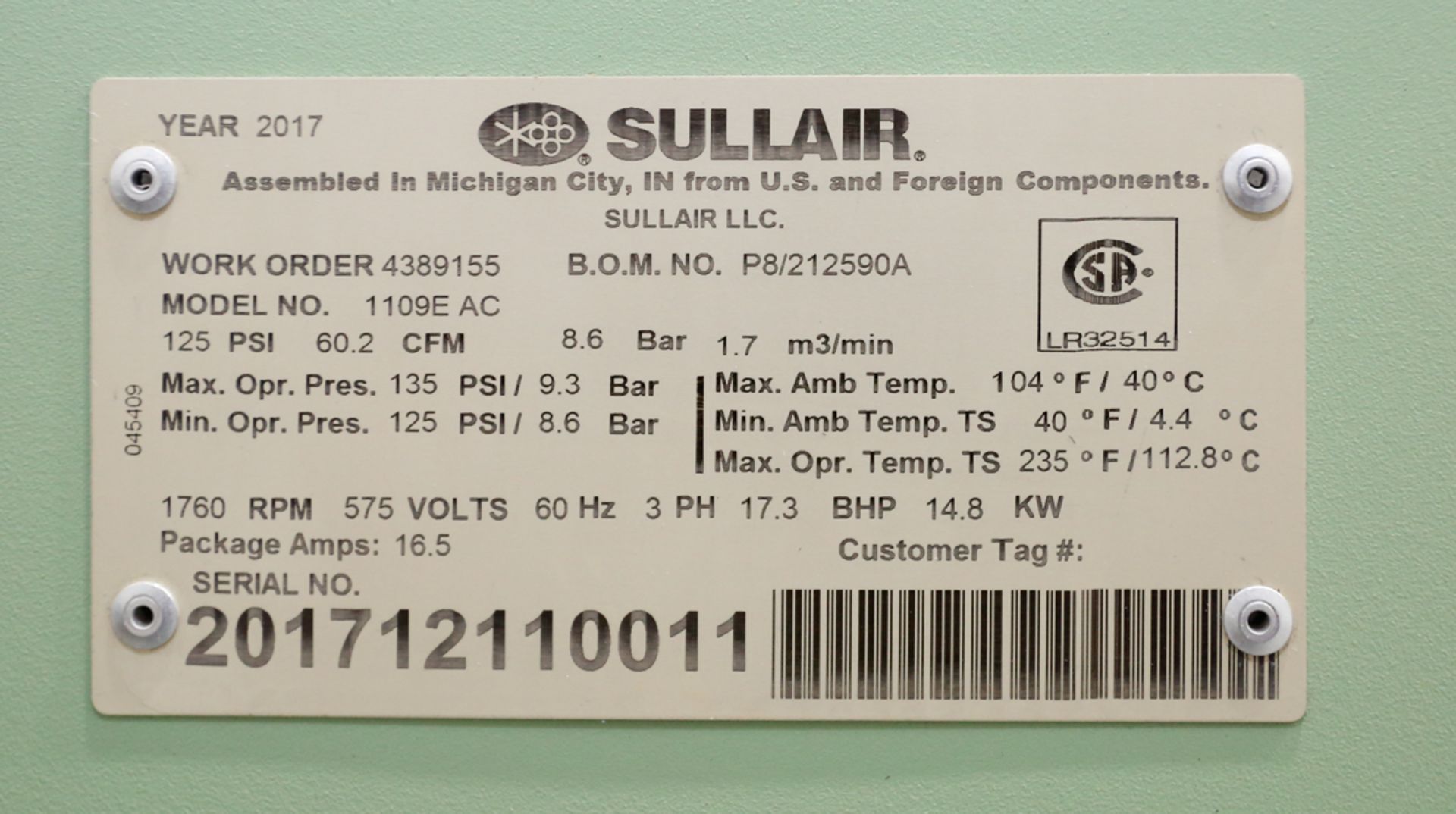 (2017) SULLAIR Model 1109E AC, Air Cooled Rotary Screw Air Compressor, 15HP Capacity, S/N: - Image 3 of 3