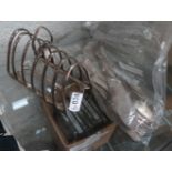 SILVER PLATED TOAST RACK & BAG OF CUTLERY