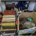 QUANTITY OF ASSORTED RECORDS TO INCLUDE POP, VINTAGE TENNIS RACKET, TENNIS NET ETC