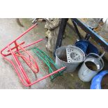 GALVANISED WATERING CAN, 2 GALVANISED BUCKETS & 3 SADDLE RACKS