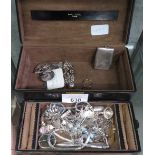 VINTAGE JEWELLERY BOX WITH VARIOUS ITEMS INCLUDING SILVER