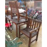 HARDWOOD GARDEN TABLE, 4 ARMCHAIRS & PARASOL