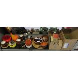 SHELF OF COOKING POTS, PANS, ONYX TRAYS ETC