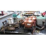 COPPER & BRASSWARE INCLUDING TRIVETS, TEAPOTS, IRONS, SILVER PLATE DISH ETC