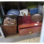 SHELF OF ITEMS INCLUDING ENVELOPE BOX, CHEESE DISH, GALVANISED PLANTER, SCALES ETC