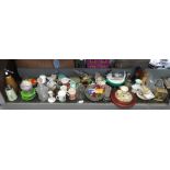 SHELF OF MAINLY CHINA, GLASS, 3 CLOCKS, ECT