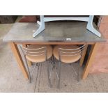 STAINLESS STEEL TOPPED BREAKFAST TABLE WITH 2 BAR STOOLS