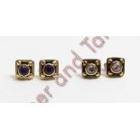 A pair of 9 carat gold amethyst earstuds, set to a square frame with a bead to each corner; with