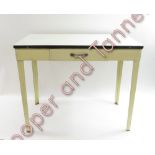 A vintage side table with white a white enamel top and a single drawer, 74cm high, 89cm long, 43cm