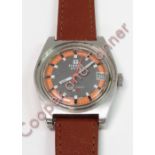 A Tissot Swiss PR516 diver's wrist watch with a leather strap and an orange dial
