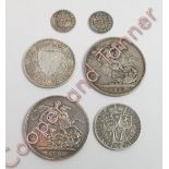 Victorian coins - two crowns 1889 and 1890, an1896 half-crown, an 1896 florin, two threepences -