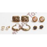 A pair of 9 carat gold panel earrings, set with small gem stones to each corner, 6 g gross; with a