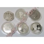Five encapsulated commemorative £5 coins, years - 2003, 2005, 2008, 2011; and a six-sided 2007