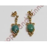 A pair of 9 carat gold aventurine quartz drop earrings, 3.6 g gross