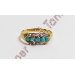 A Victorian 15 carat gold turquoise and seed pearl ring, Chester 1881, finger size K ½, 1.5 g gross