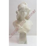 An early 20th century white bust of a female, standing on a marble base, 36cm high