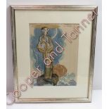 John Austen, goddess (possibly Guanyin) standing on a rock in rough seas, coloured linocut, signed