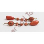 A pair of late Victorian coral bead drop earrings, the coral to the long fish hook wire fitting