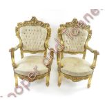 A pair of button back French Baroque style throne chairs