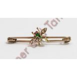 A stone set bug bar brooch, the insect with cabochon eyes, demantoid garnet thorax and pearl (