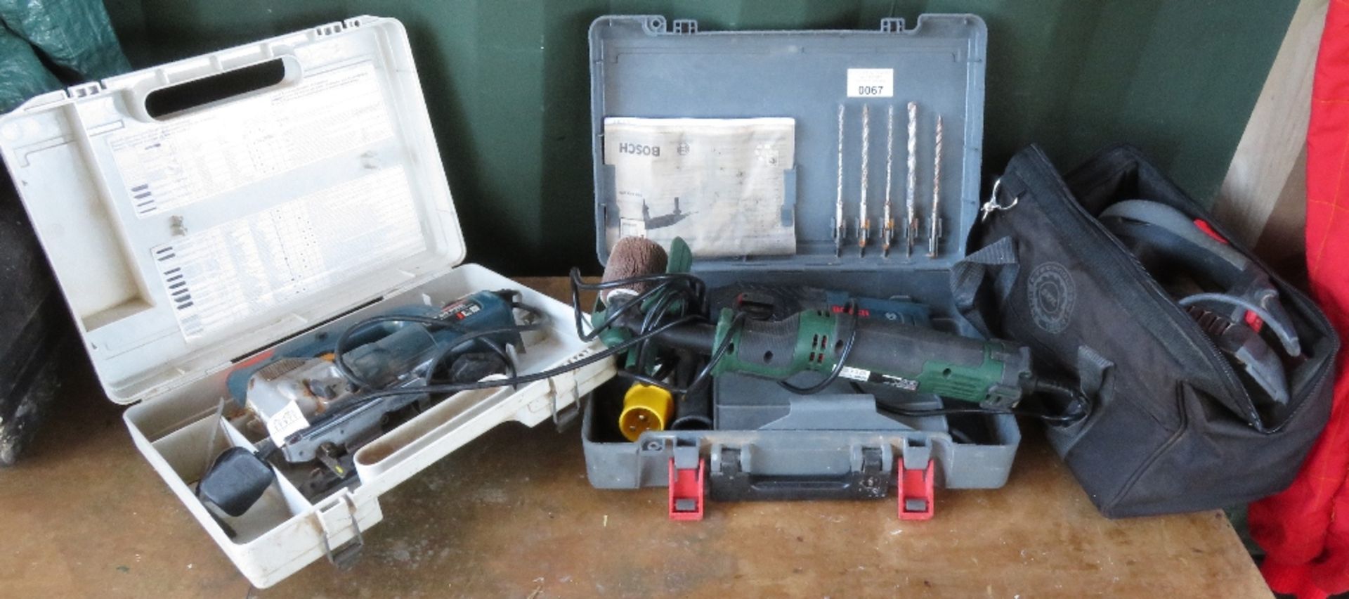 Boxed Bosch drill, Bosch Jig saw, Parkside sander and Skill Masters flat sander in bag