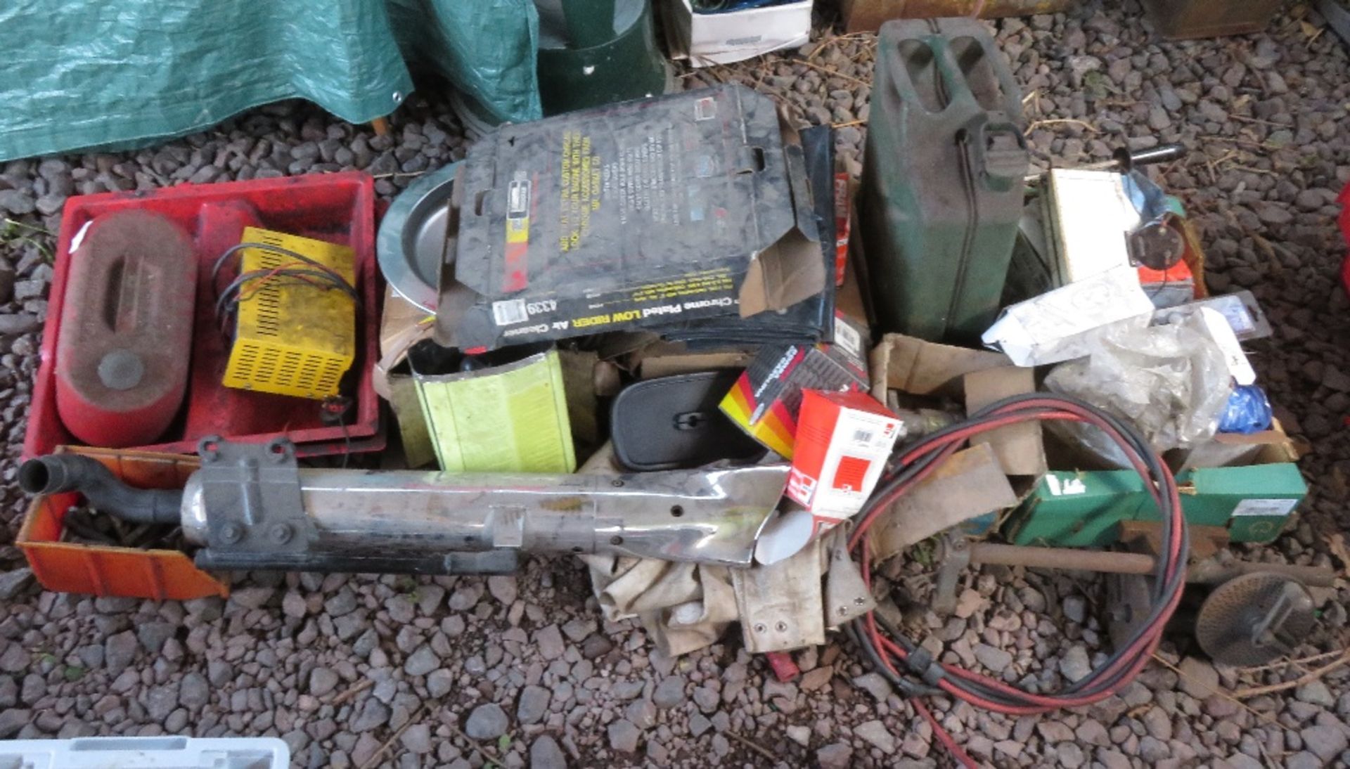 Mixed lot including exhaust pipe, jerry can, battery charger, welding levers etc