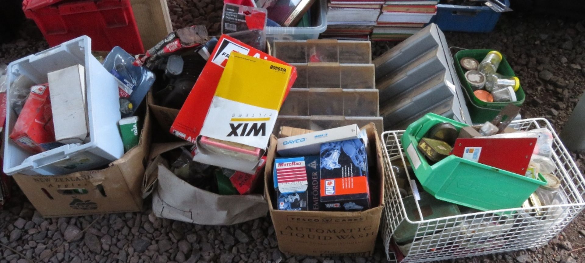 5 boxes of various car parts, tools, filters etc 3 part storage bins and 1 green crate with glass