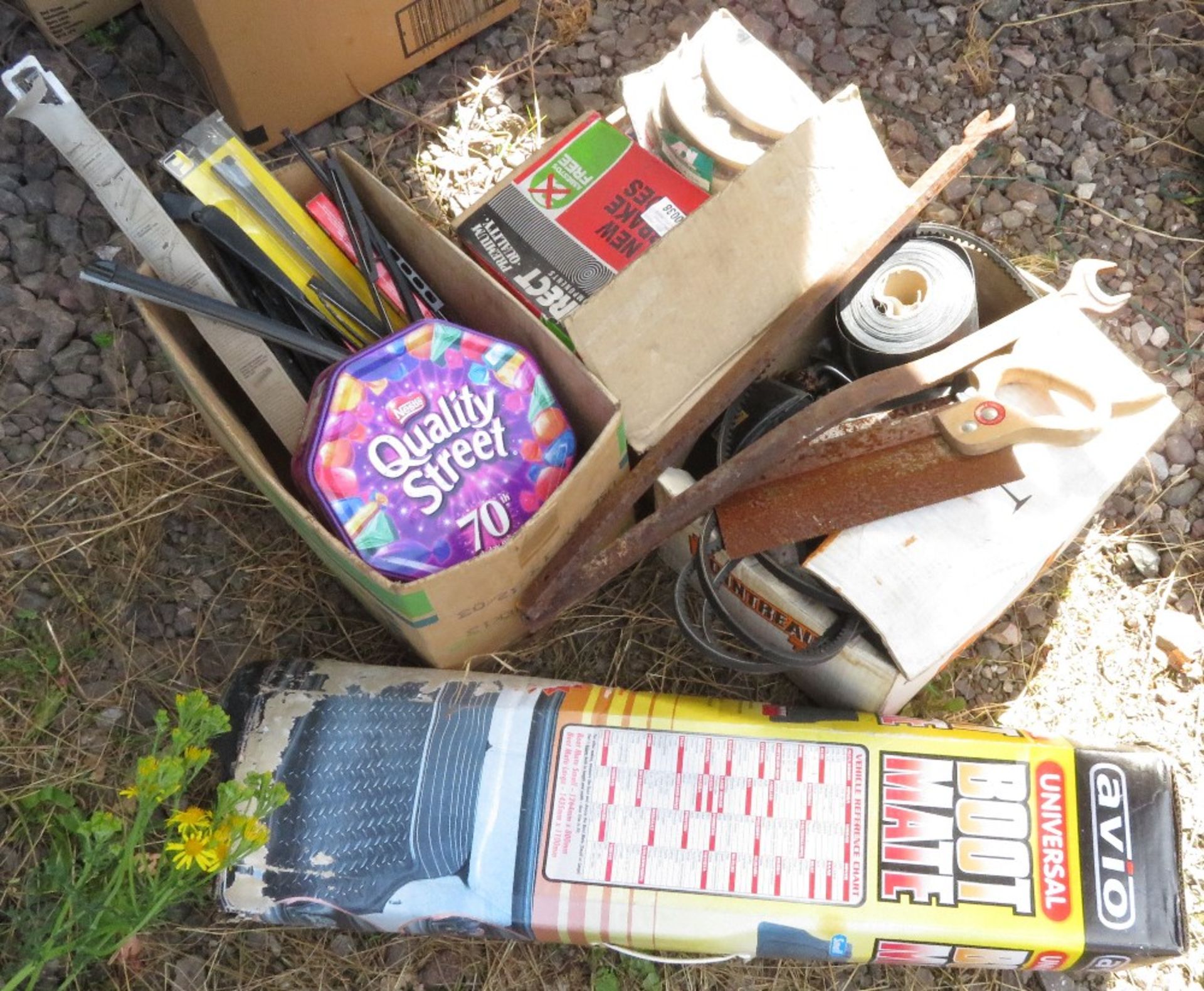 3 boxes of various tools, unused and still boxed brake parts, wiper blades etc