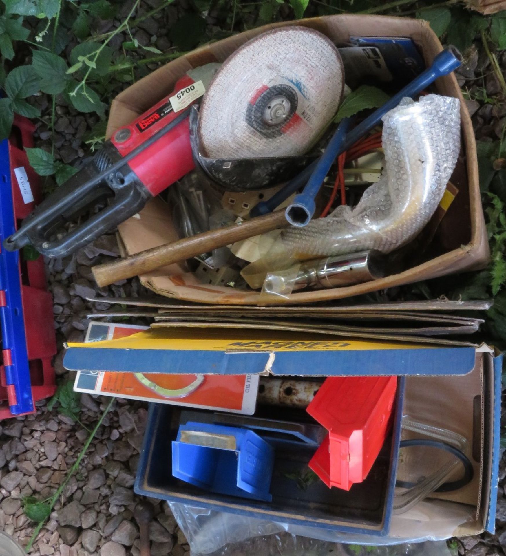 2 assorted boxes of tools and various car parts, gasket etc, including Power Devil handheld grinder