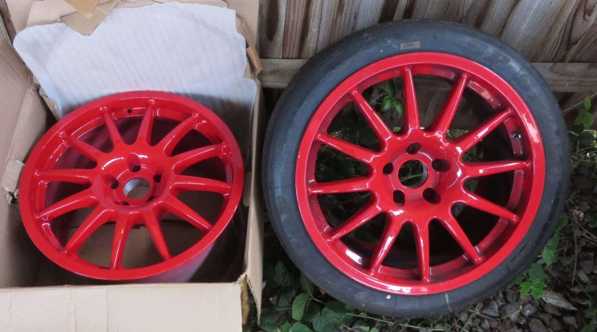 Set of 4 red alloy racing wheels labelled Team Dynamics Pro Race 1.3, 2 with worn tyres in place - Image 2 of 2