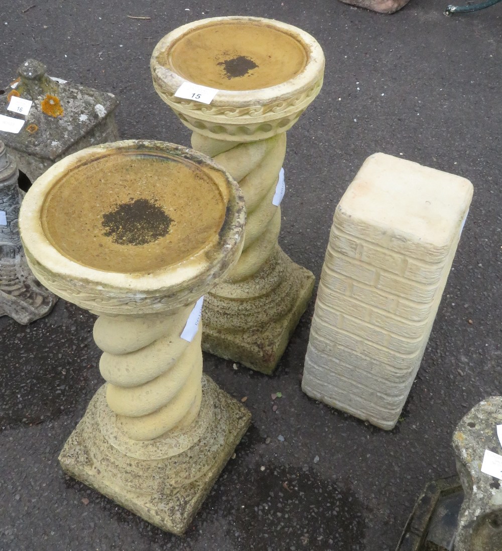 PAIR OF MATCHING CONCRETE BIRD BATHS + 1 CONCRETE BASE