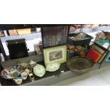 SHELF OF ITEMS TO INCLUDE FIRE SCREEN, PICTURE FRAMES, CHINA, CIDER POT, VEGETABLE DISHES, 2 BOXES