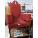 RED UPHOLSTERED ARMCHAIR WITH SHAPED BACK