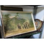 FRAMED PICTURE OF ELEPHANTS IN A MOUNTAINOUS LANDSCAPE TOGETHER WITH OTHER FRAMED PICTURES