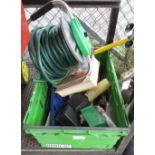 GREEN PLASTIC CRATE CONTAINING HOSE, DIY BOOK, DECORATING ITEMS ETC