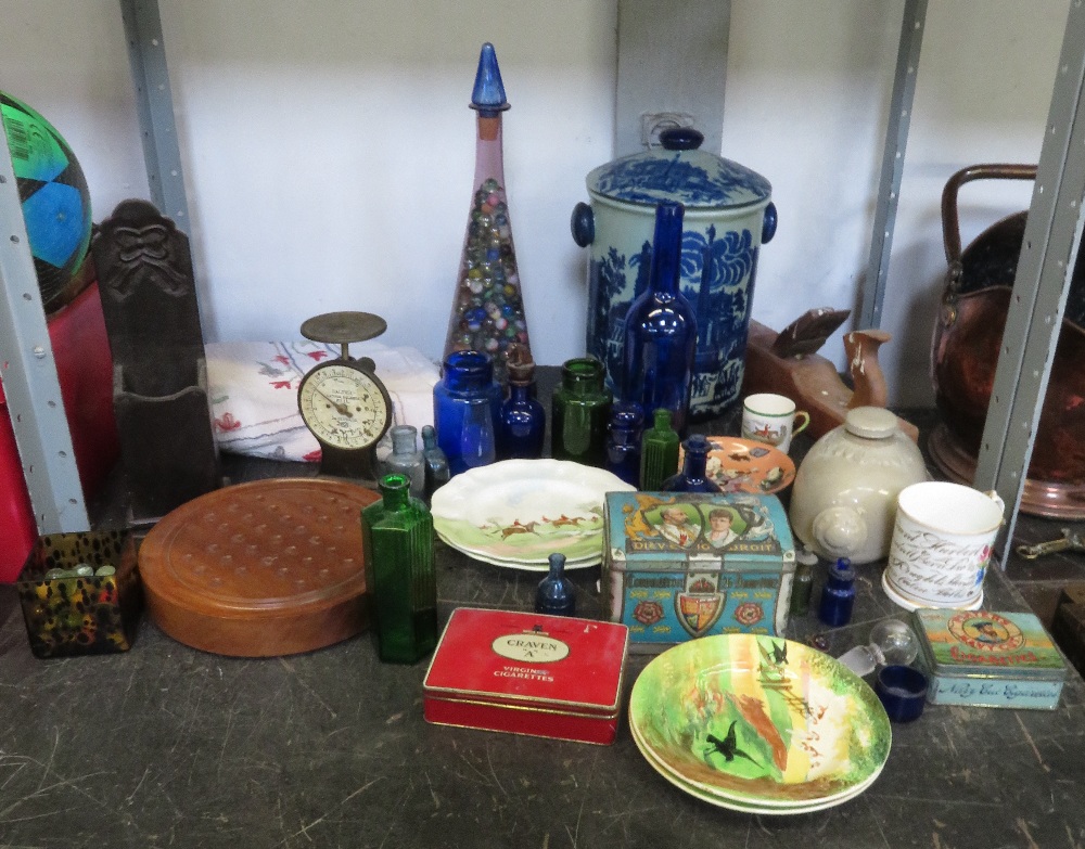 GLASS CARAFE CONTAINING MARBLES TOGETHER WITH ASSORTED COLLECTABLES INCLUDING ADVERTISING TINS