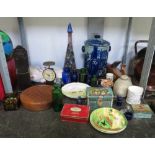 GLASS CARAFE CONTAINING MARBLES TOGETHER WITH ASSORTED COLLECTABLES INCLUDING ADVERTISING TINS