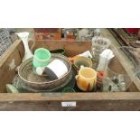 OLD PINE DRAWER WITH VINTAGE CERAMICS, ANTIQUE GLASSWARE, CHINA ETC